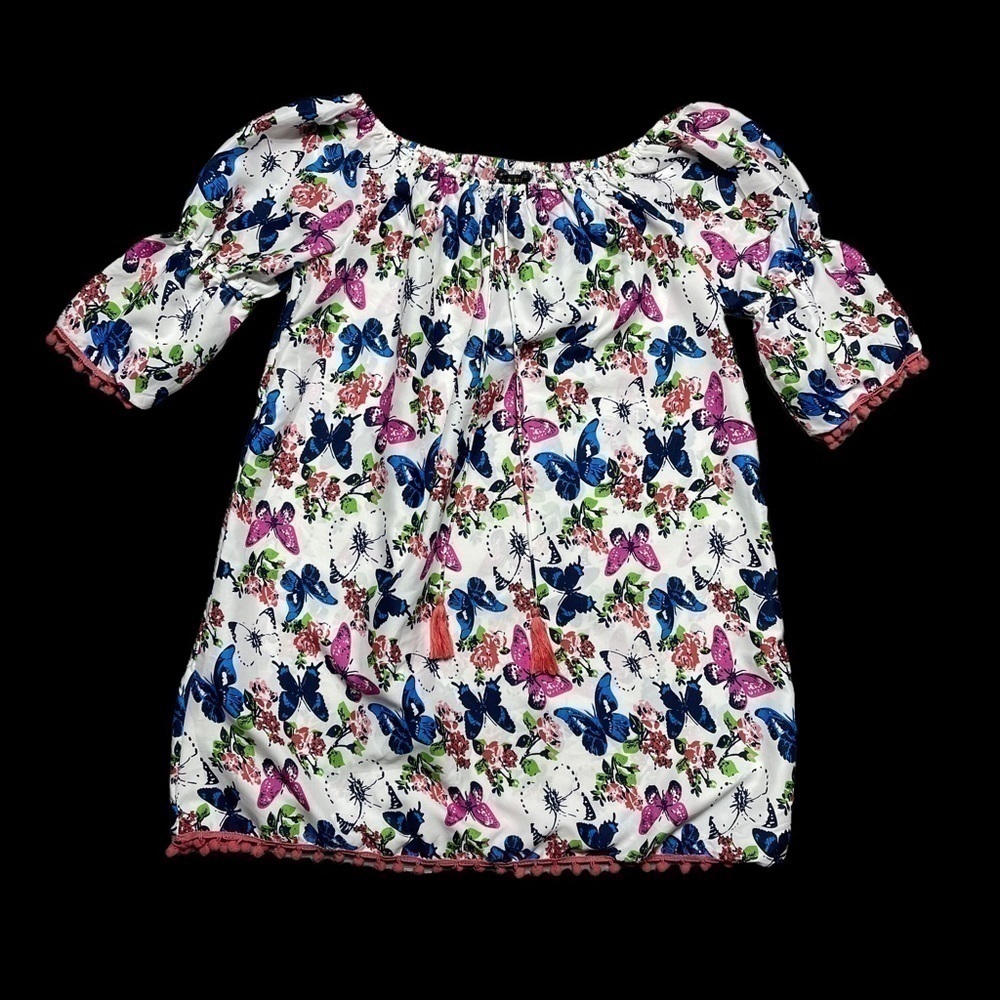 America & Beyond Off the Shoulder Butterfly Print Mini Dress M